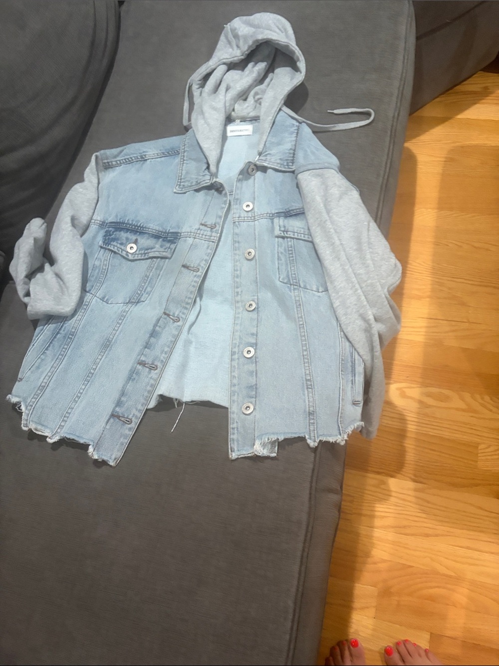 Dance & Marvel Light Blue Denim Jacket with Gray Hoodie Sleeves